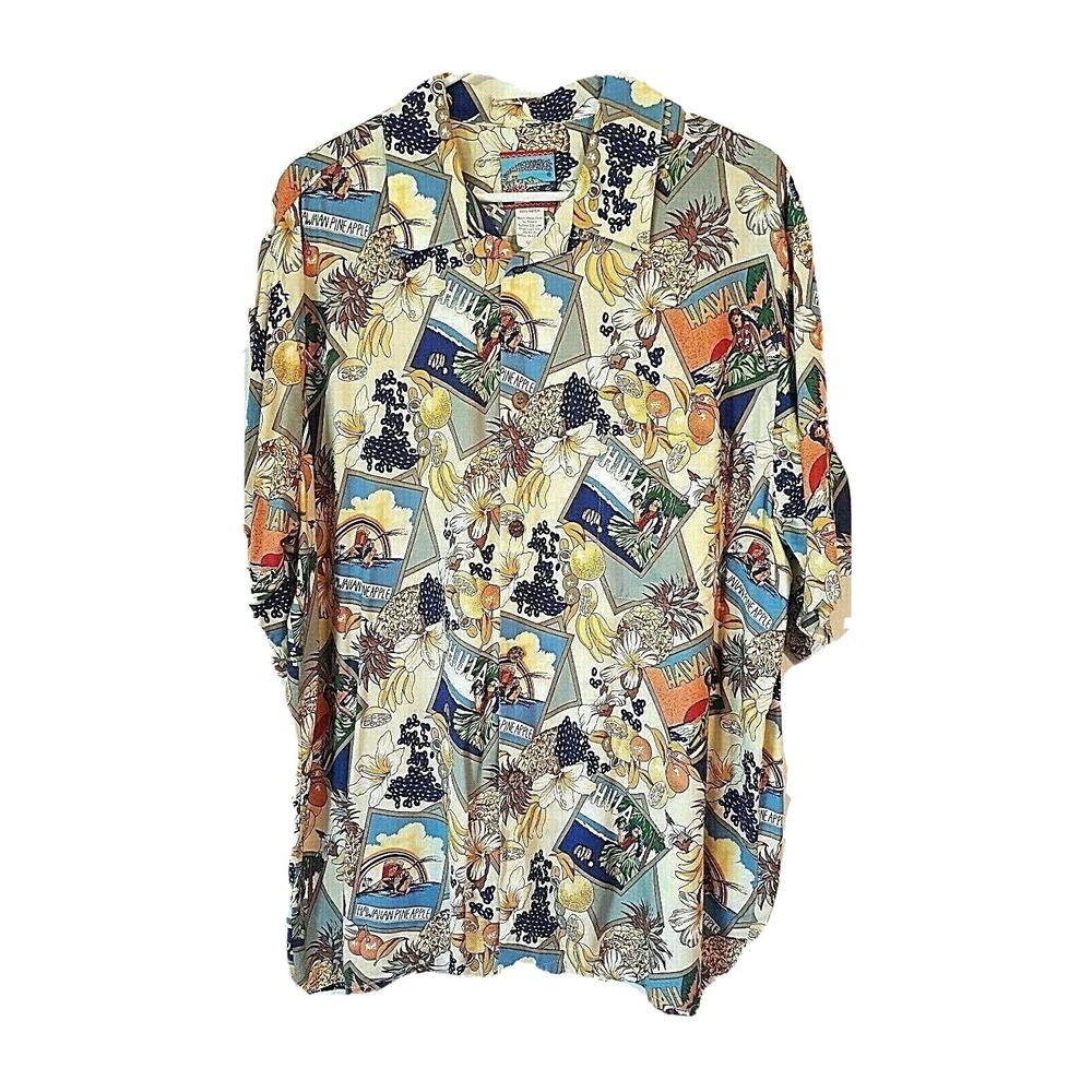 Joe Kealoha Mens Hawaiian Hula Pineapple Print Aloha Shirt Cruise Vintage XL